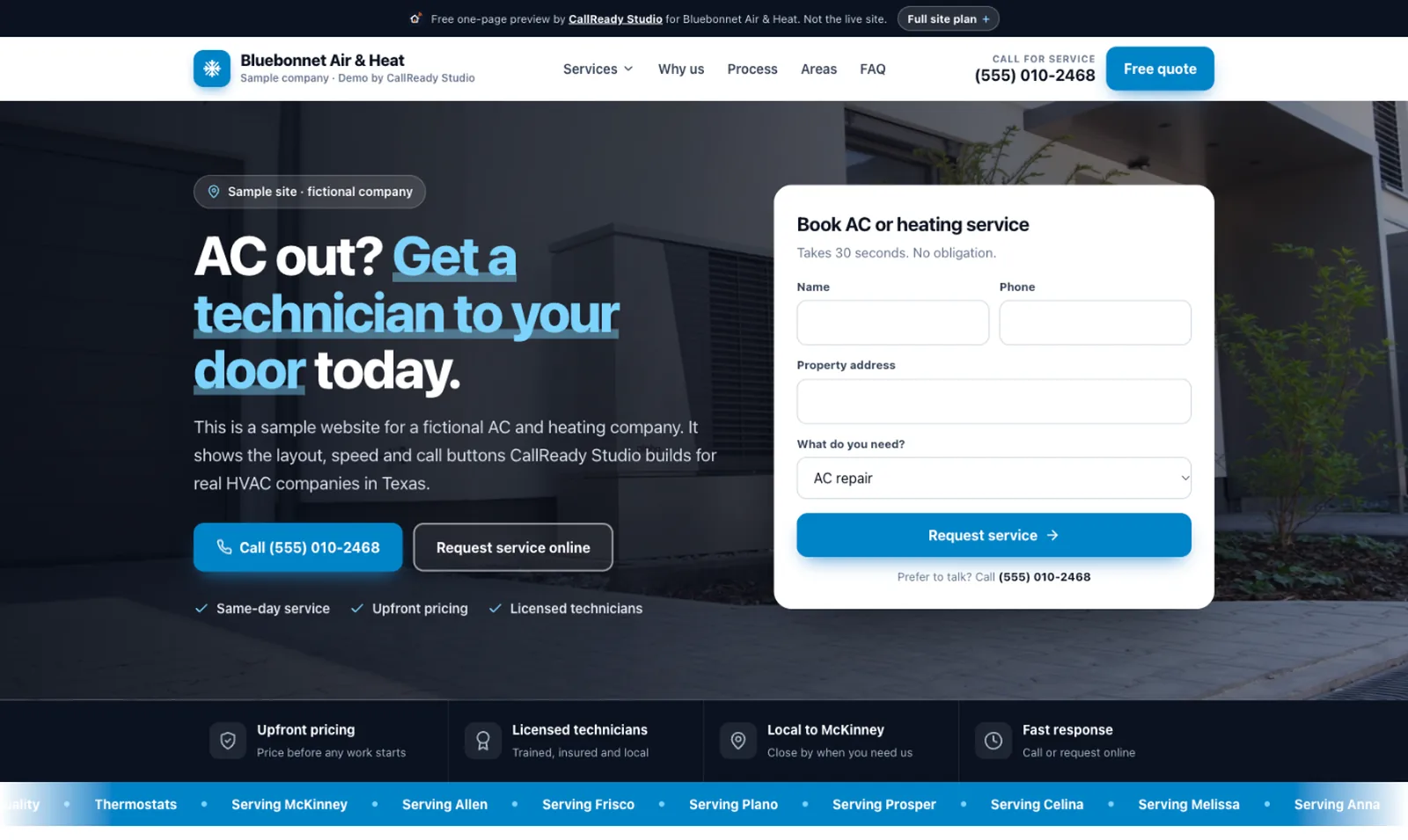 Sample HVAC website homepage with a call button and quote form